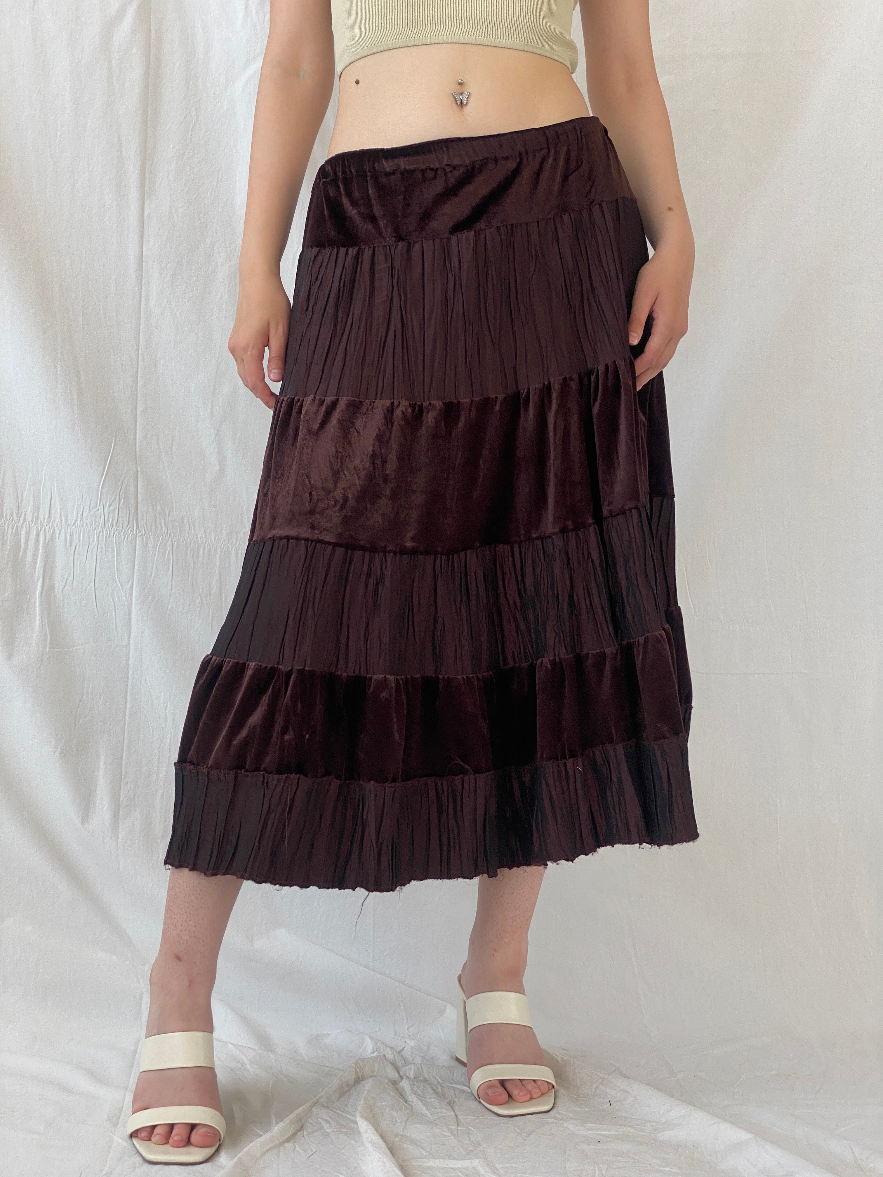 Y2K Gipsy Layered Brown Midi Velvet Cotton Elastic Waist Skirt - L