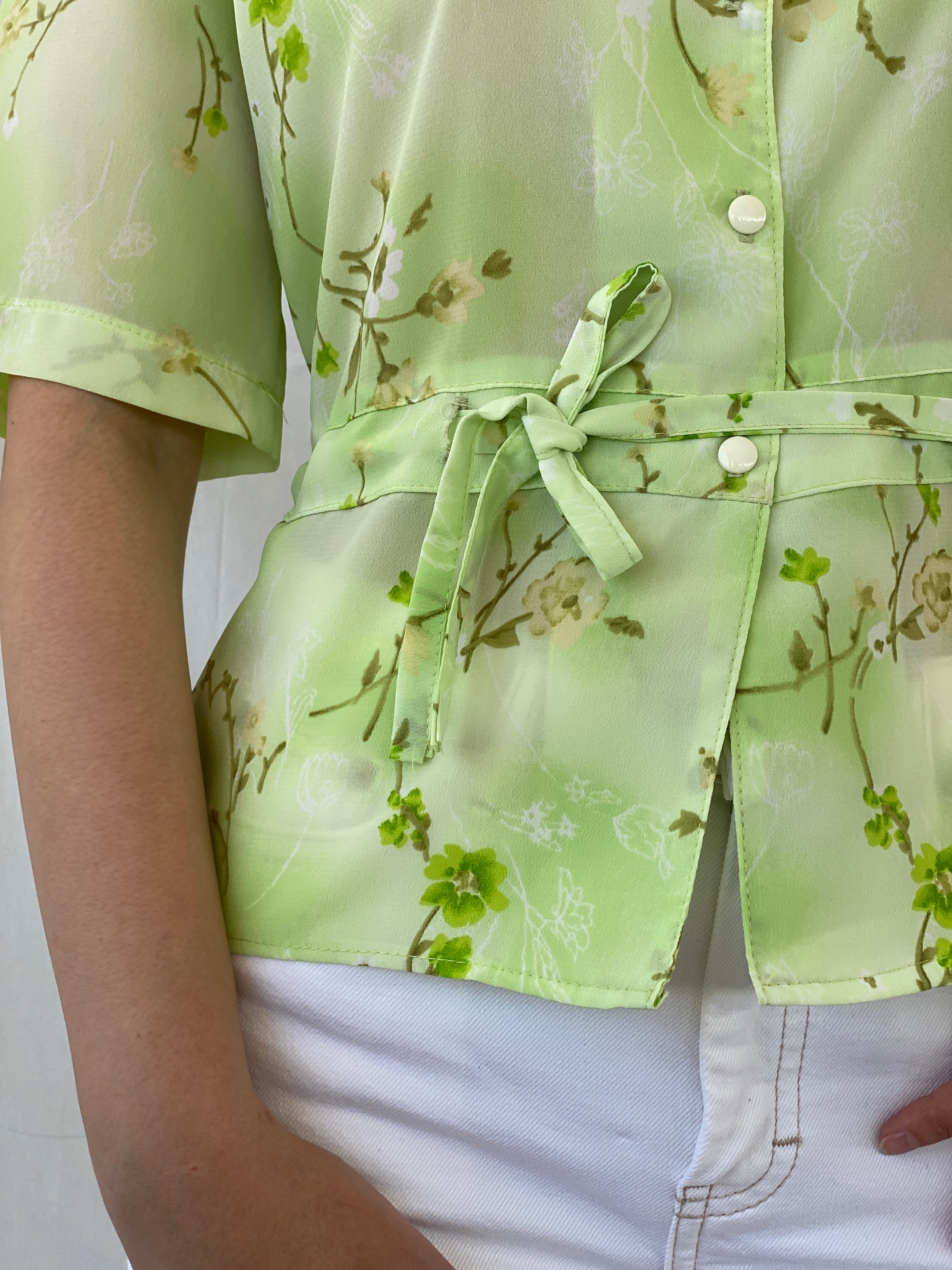 Vintage Lime Green Floral Waist Tie Button Up Short Sleeve Shirt - L