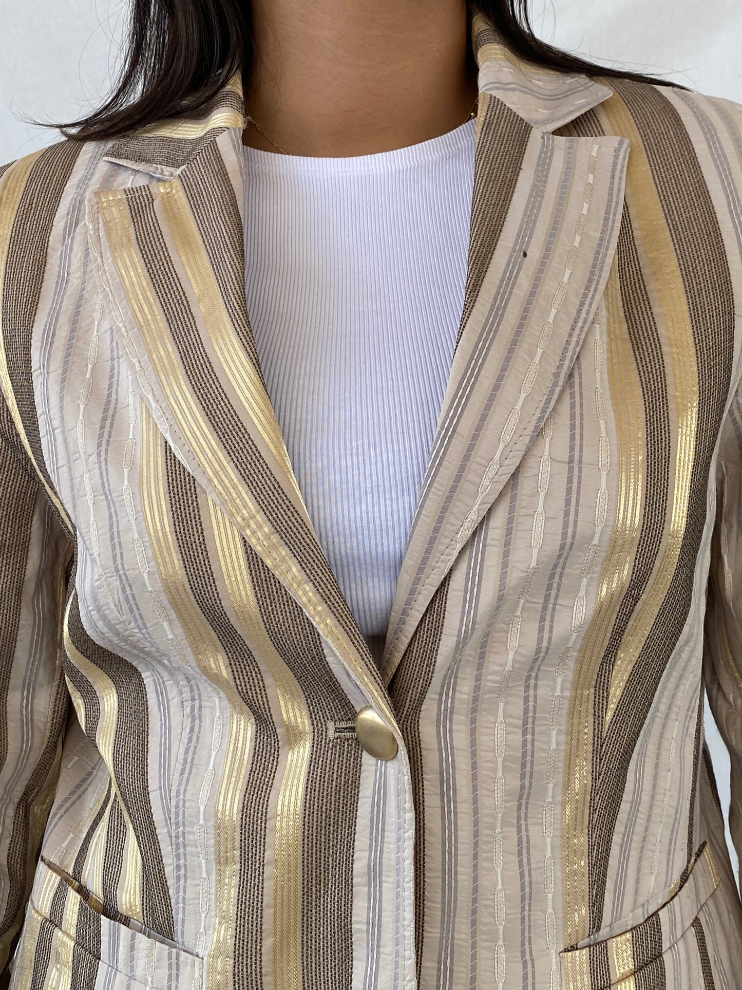 Vintage No 1 Mode Express Striped Beige and Gold Blazer - L