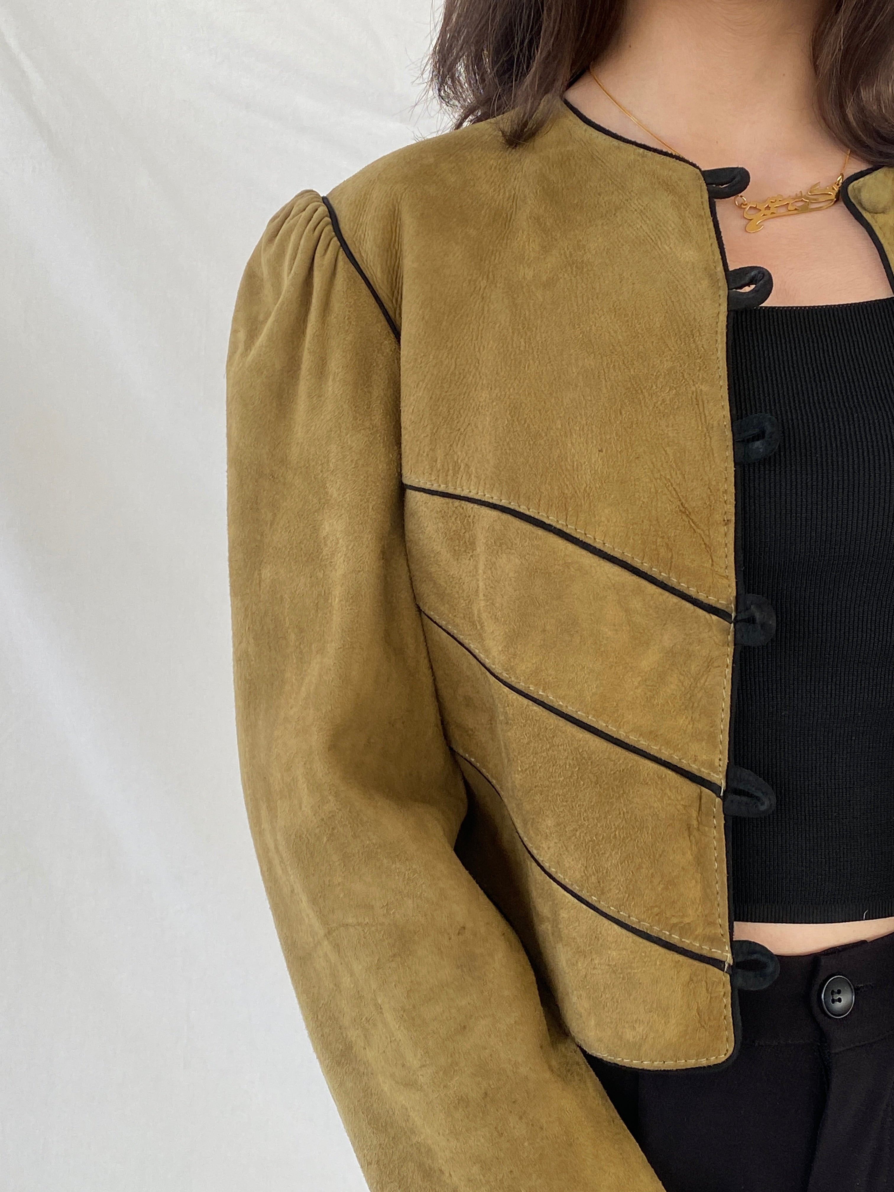 Vintage Olive Green Suede Trachten Buttoned Blazer Jacket - M