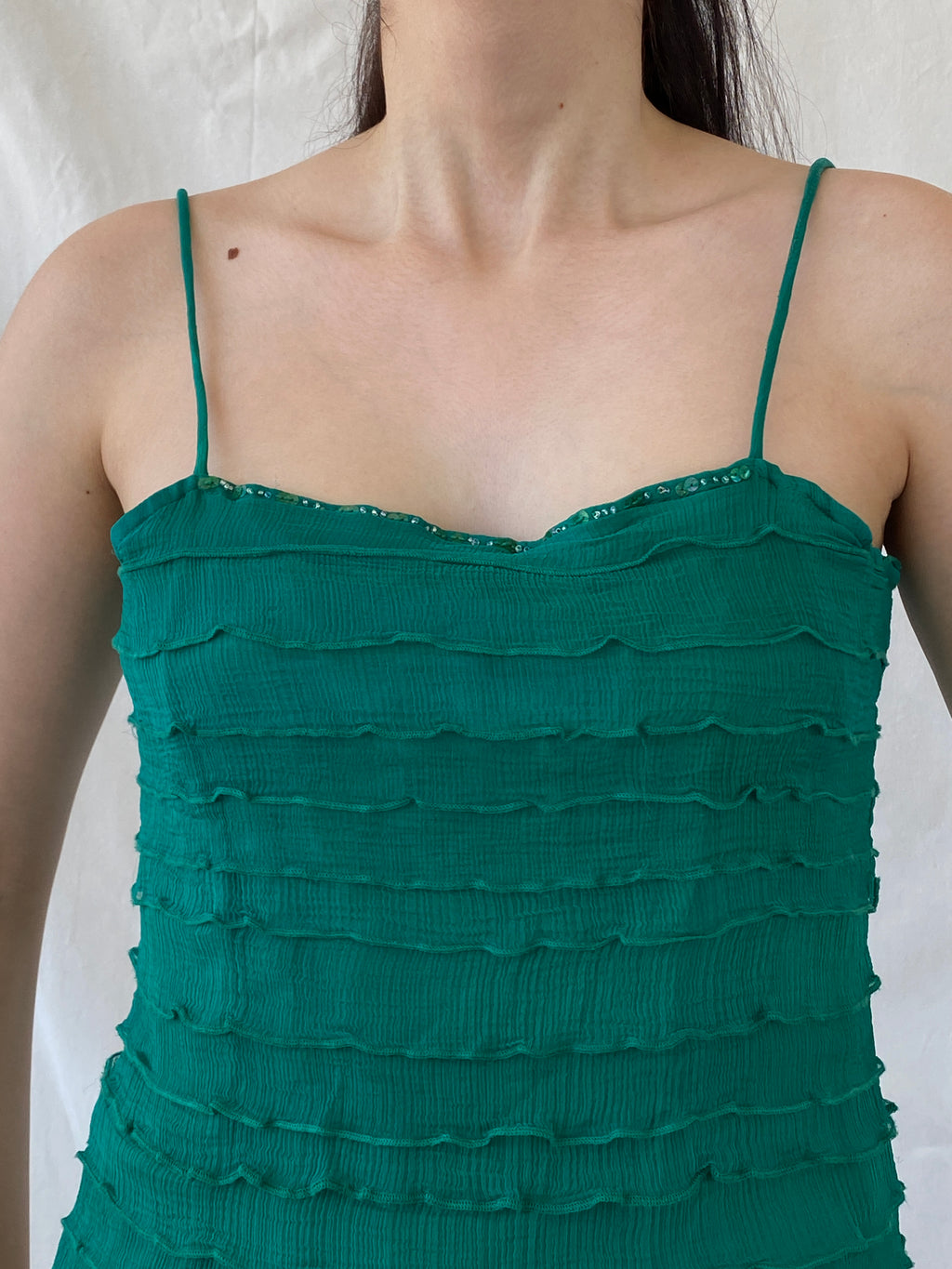 Vintage Wallis Green Ruffle Viscose Cami Top Y2K Party Camisole - L