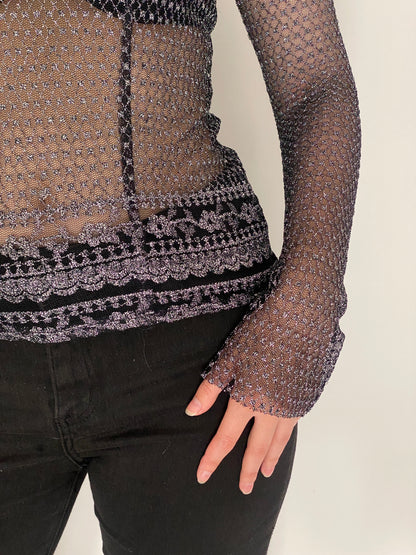Vintage Y2K Black & Silver Metallic Crochet Mesh Sheer Grunge Top – S