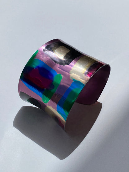 Vintage 1990s Pink Abstract Painted Wide Metal Cuff Bracelet