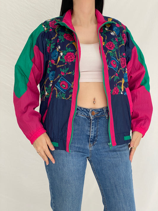 Vintage 90s Active Club Colorblock Windbreaker Track Jacket Navy Pink Green Sports Jacket - S