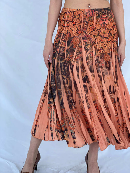 Gorgeous Vintage Orange Boho Print Midi Skirt - Balagan Vintage Midi Skirt 00s, 90s, midi skirt, Mira, NEW IN