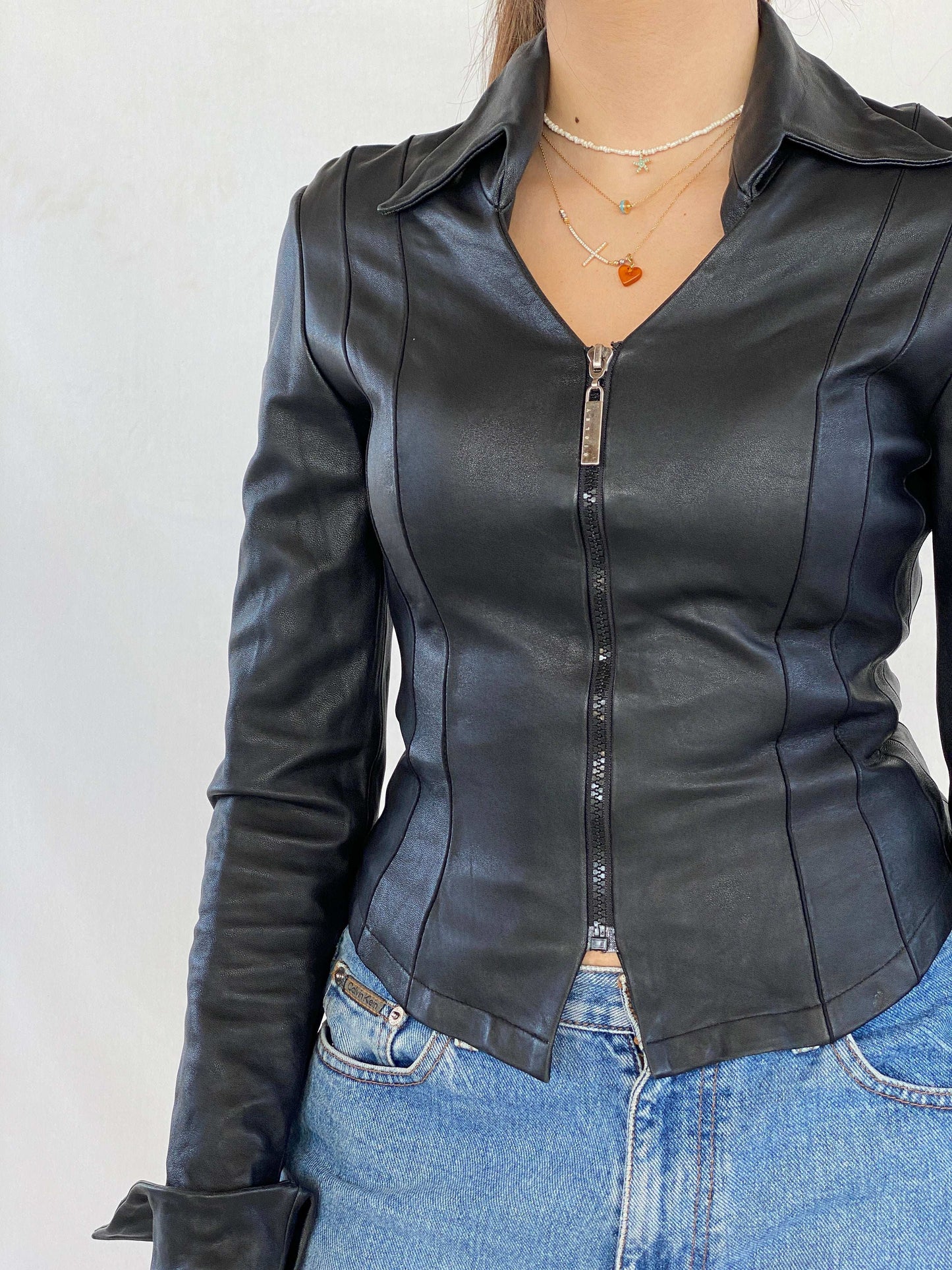 Vintage Fratti Genuine Leather Zip Up Top - Balagan Vintage Full Sleeve Top 00s, 90s, black leather, genuine leather, Juana, NEW IN