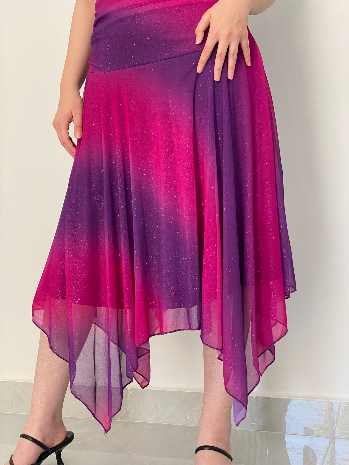 Vintage Y2K Three Pink Hearts Pink & Purple Ombré Glitter Mesh Handkerchief Midi Dress - L