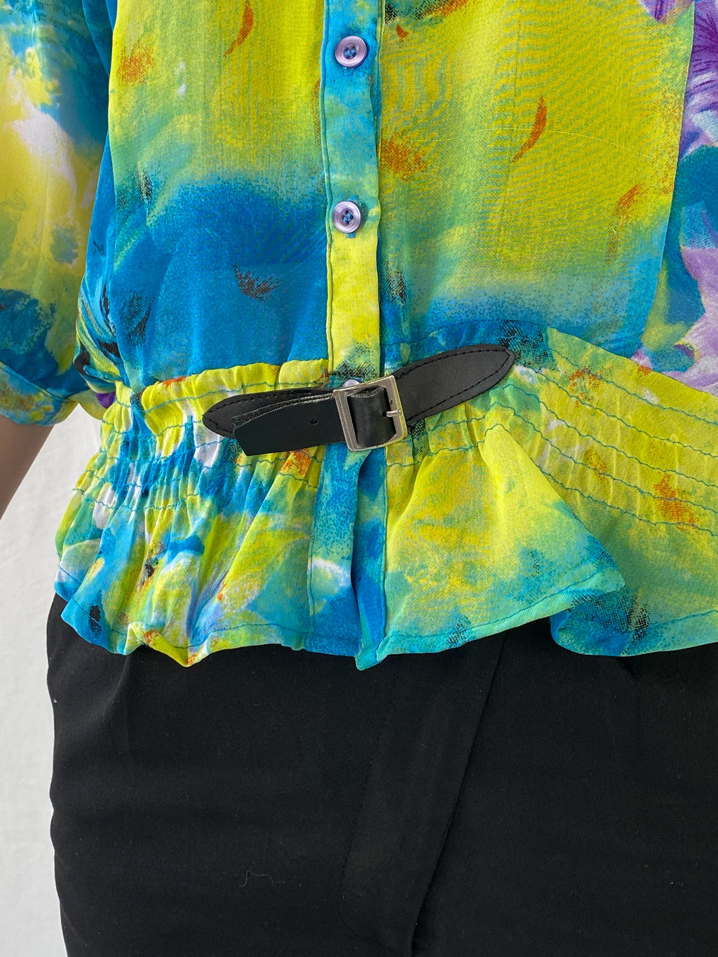 Vintage 90s Follow Me Floral Blue Puff Sleeve Elastic Waist Blouse - M