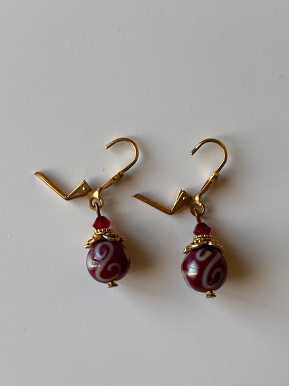 Vintage Burgundy Glass Bead Drop Earrings with Gold Tone Accents