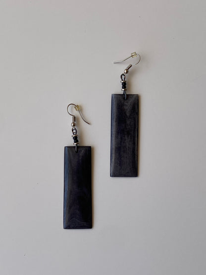 Vintage Dark Wood Rectangle Drop Earrings – Minimalist Boho Statement Earrings