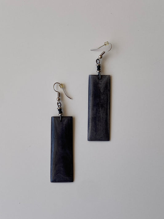Vintage Dark Wood Rectangle Drop Earrings – Minimalist Boho Statement Earrings