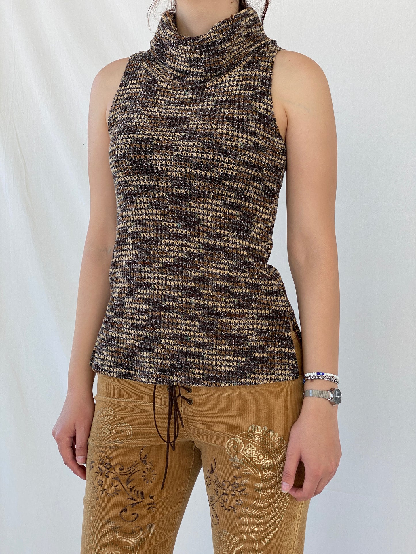 00s Papaya Clothing Shimmery Knitted Brown Sleeveless Top - L