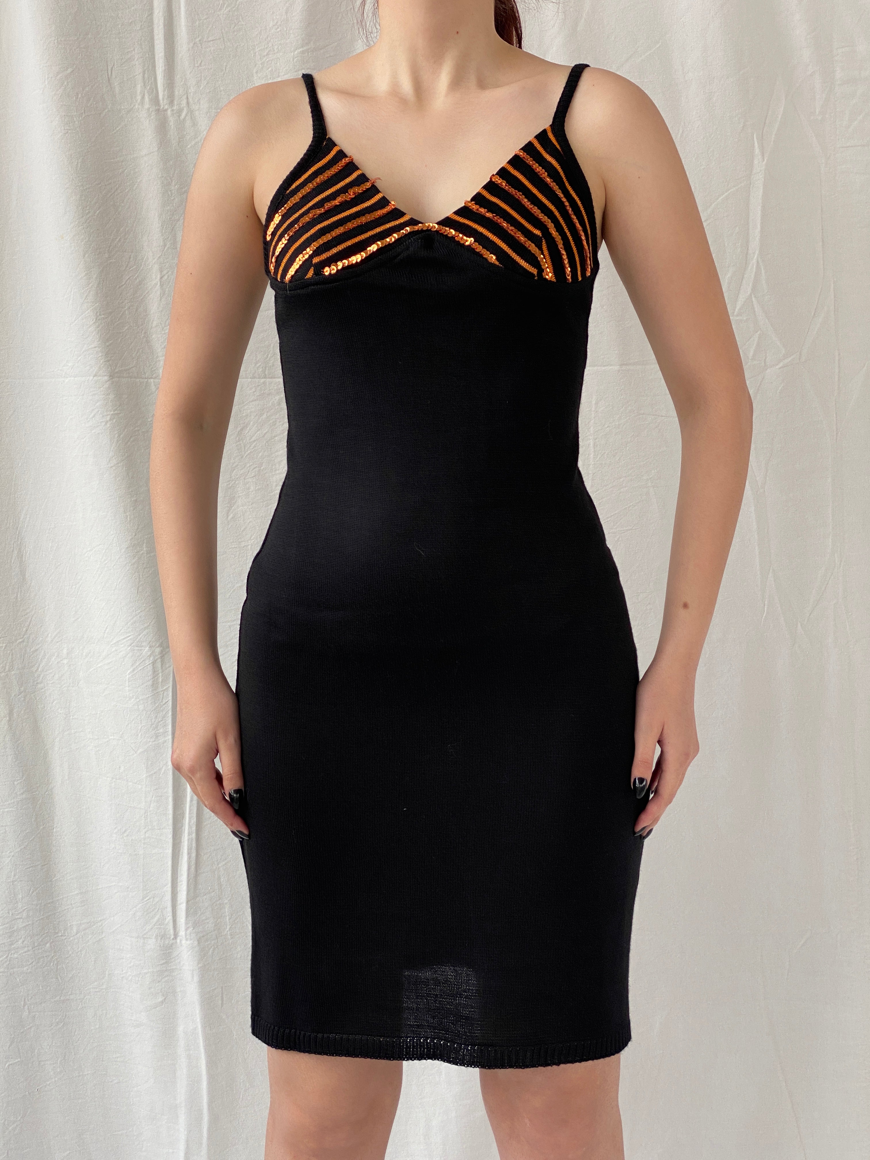 Y2K Cocobis Black Knitted Orange Sequin Spaghetti Strap Fitted Slip Midi Dress - M