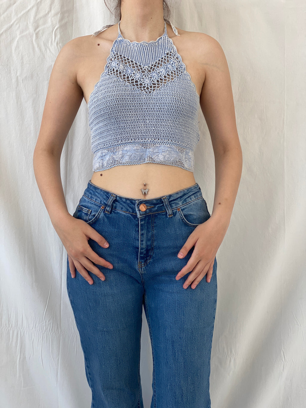Y2K Forever 21 Marled Knit Halter Neck Blue Crochet Crop Top - S