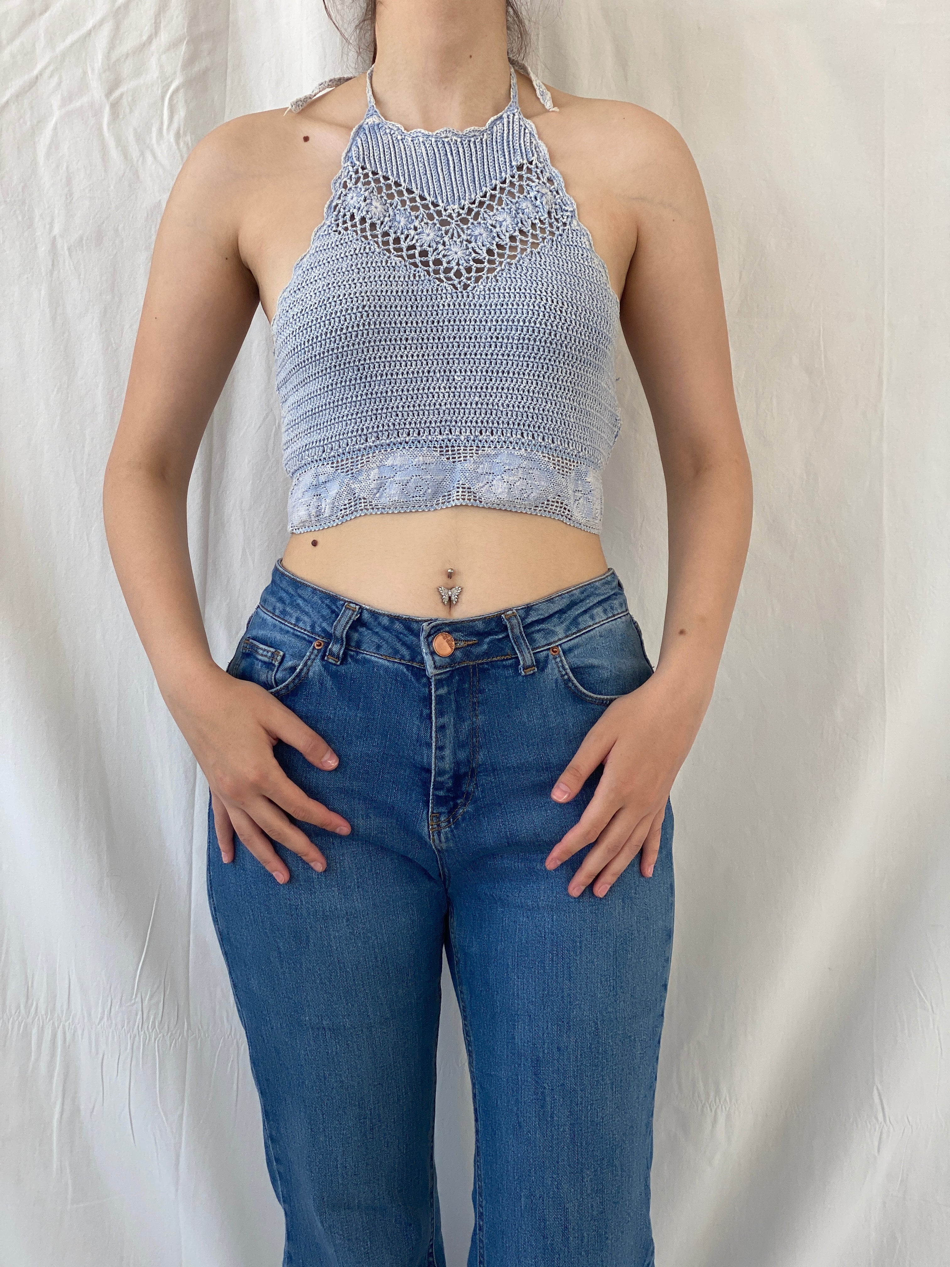 Y2K Forever 21 Marled Knit Halter Neck Blue Crochet Crop Top - S
