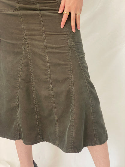 Y2K Yessica Olive Corduroy Midi Belted Panelled A-Line Skirt - S