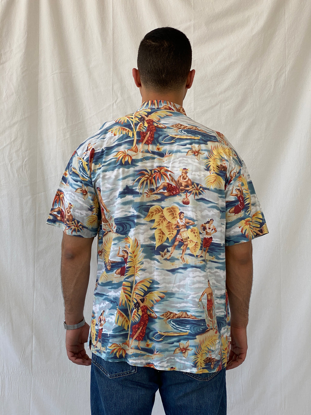 Vintage Robert Stock Hula Dancers Printed Short Sleeve Hawaiian Button Up Men’s Shirt - L