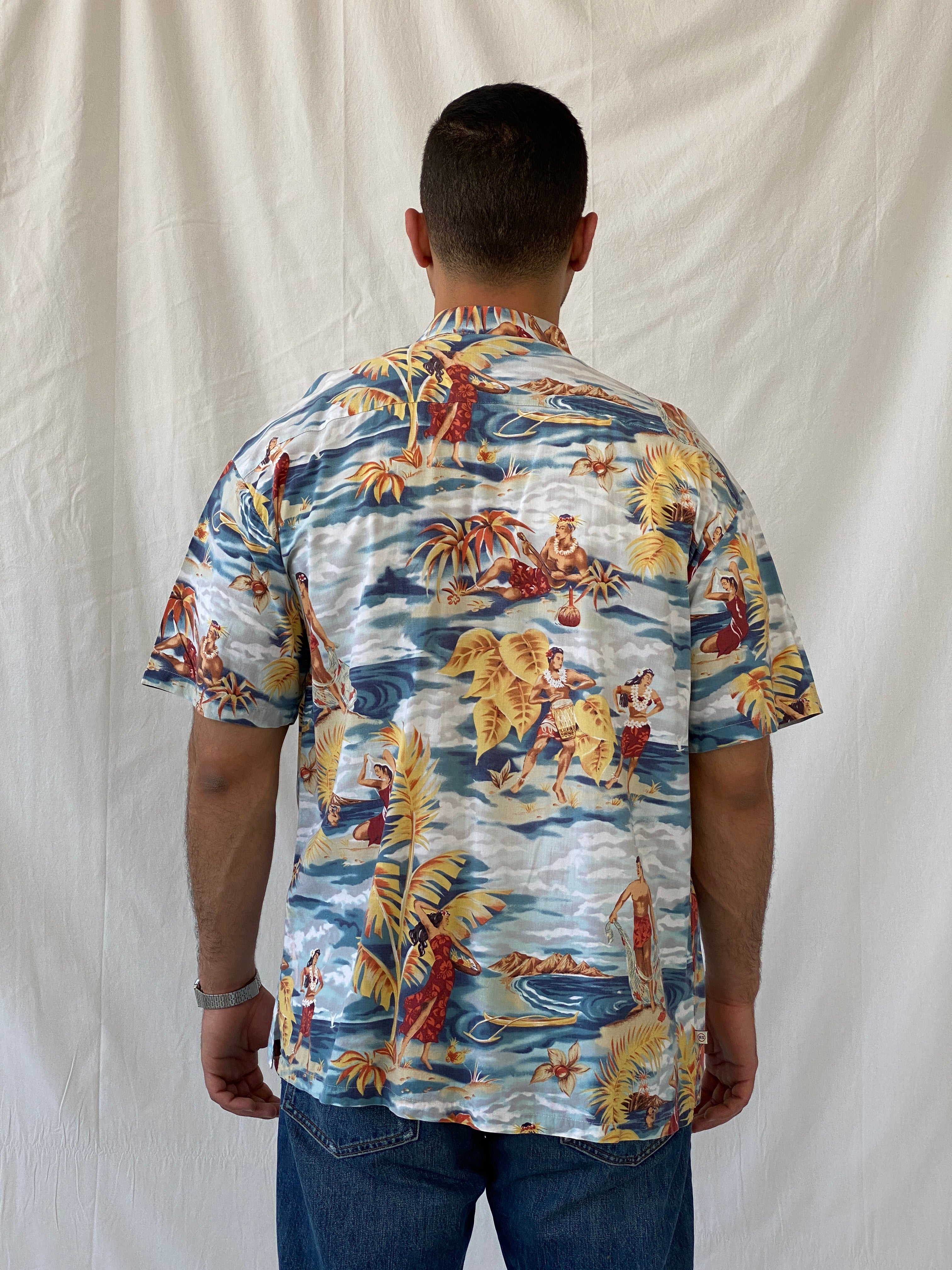 Vintage Robert Stock Hula Dancers Printed Short Sleeve Hawaiian Button Up Men’s Shirt - L