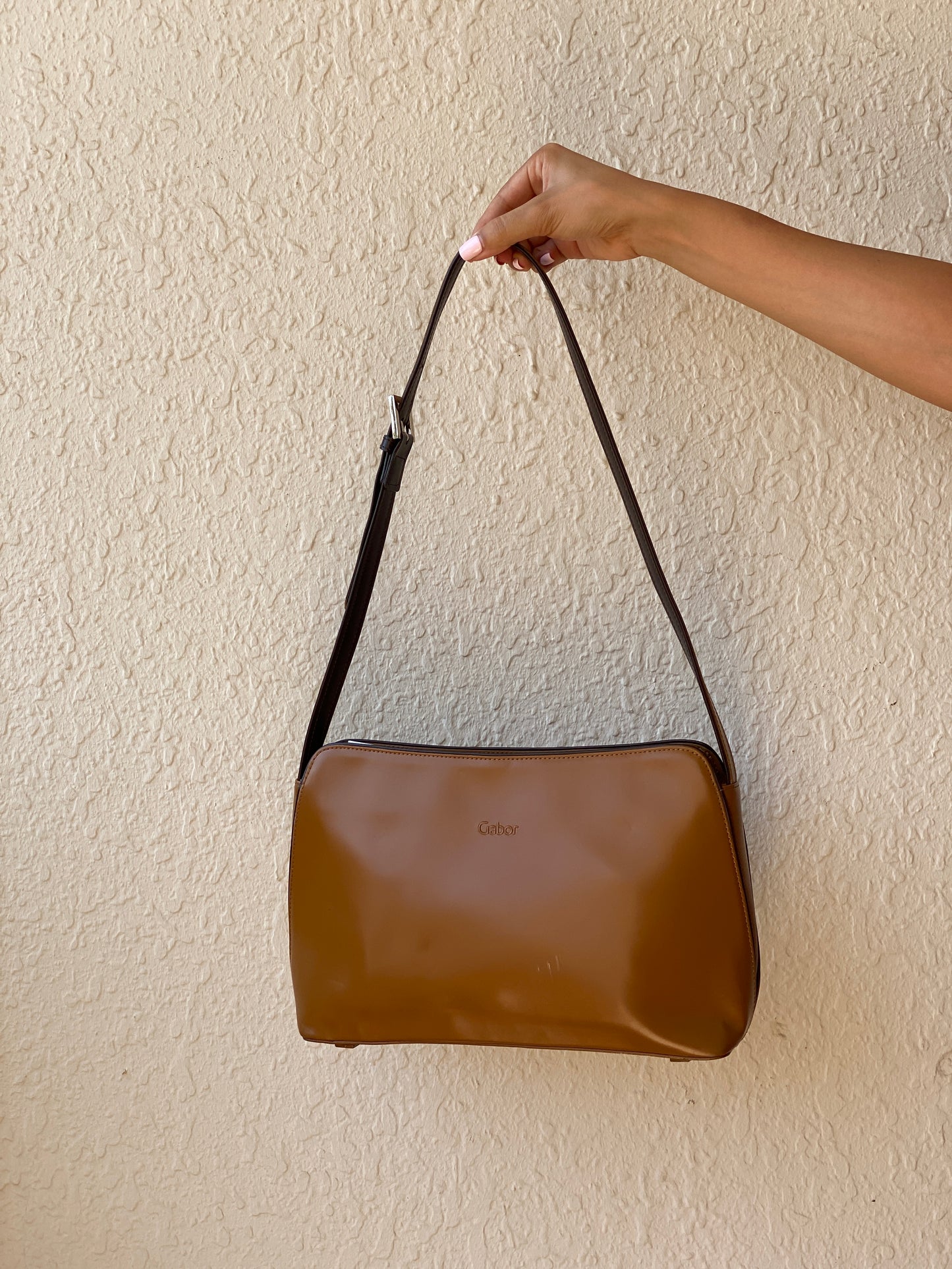 Vintage 90s Gabor Cognac Brown Glossy Minimalist Shoulder Bag