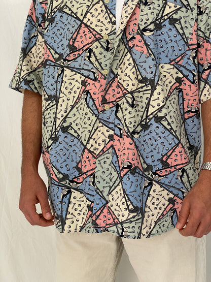 Vintage B.D. Baggies Pastel Golf Print Button Up Shirt Multicolor Abstract Sports Shirt - L