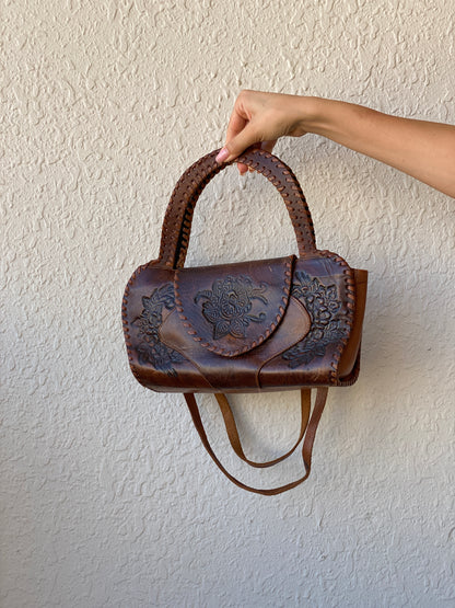 Vintage Handmade African Leather Purse Brown Floral Embossed Shoulder Bag
