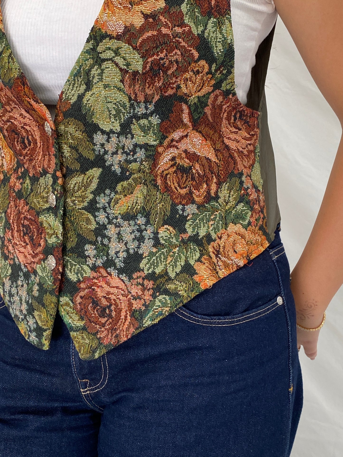 Vintage 90s Floral Tapestry Vest Green Rose Gobelin Waistcoat – L