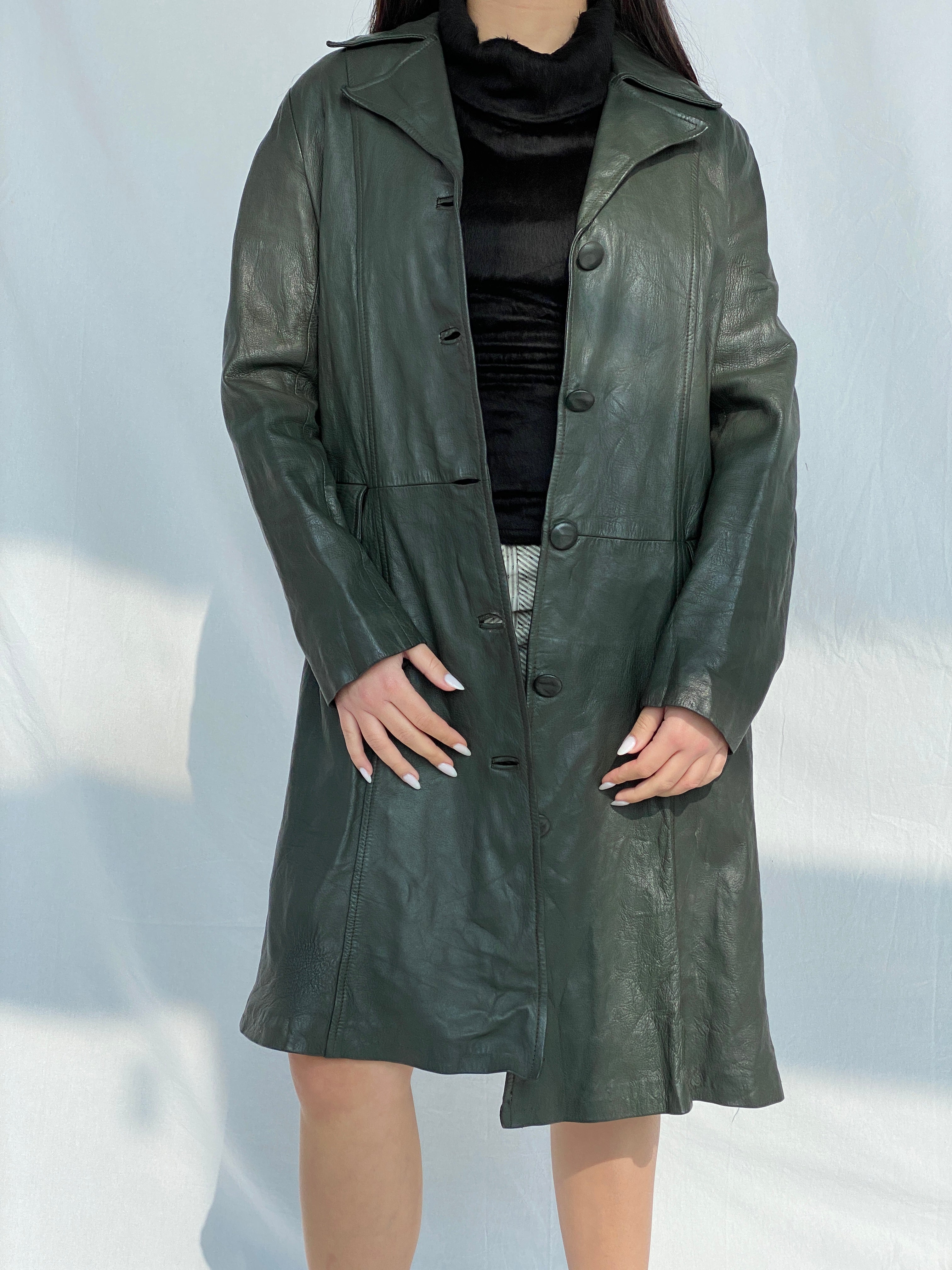 Vintage 90s Genuine Leather Olive Green Coat - L