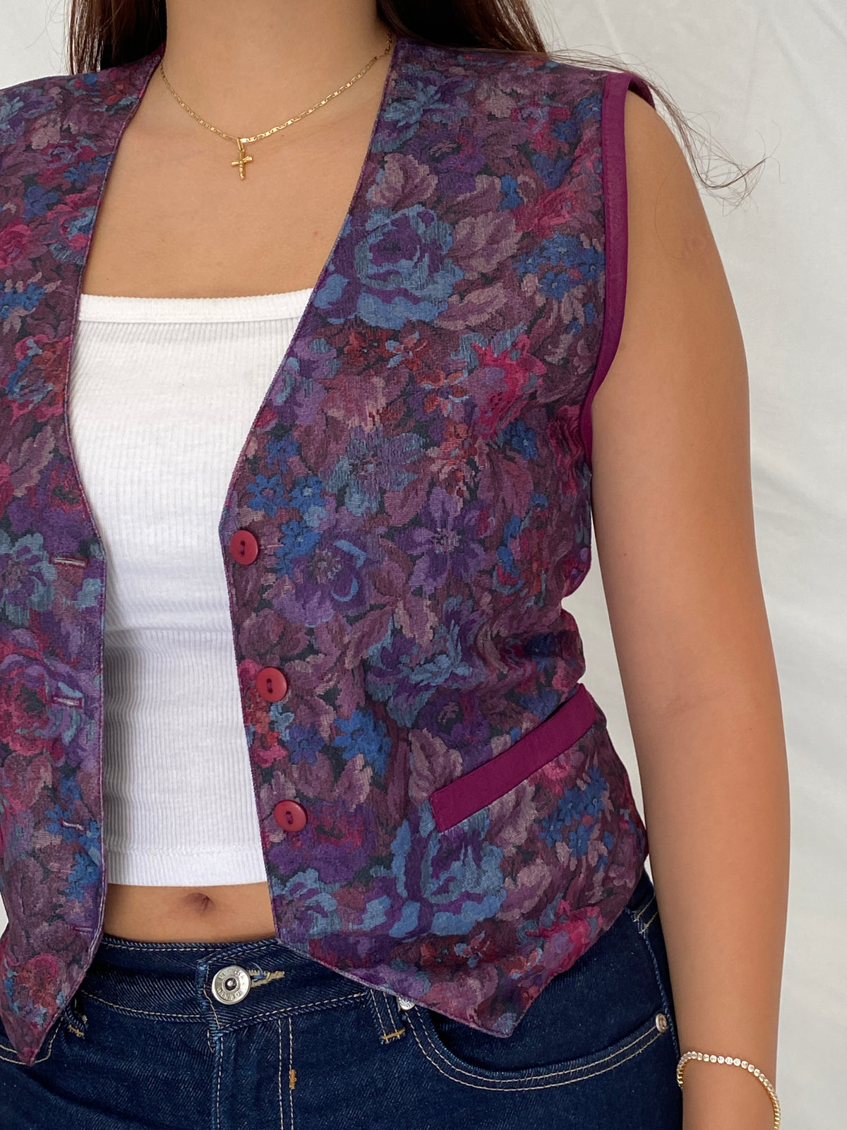 Vintage 90s Pierre Lamonte Purple Waistcoat Floral Button Vest – M Vintage 90s Pierre Lamonte Purple Waistcoat Floral Button Vest – M