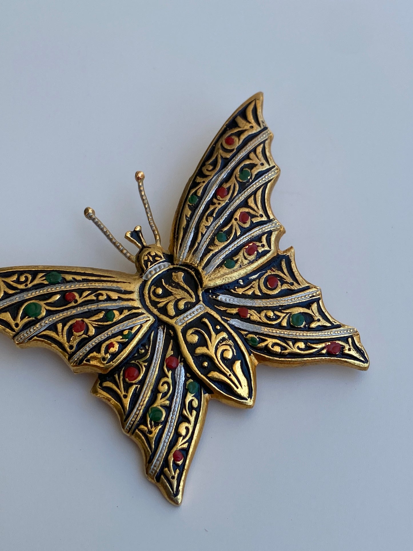 Vintage Spanish Damascene Style Butterfly Brooch Gold & Black Enamel Floral Pin