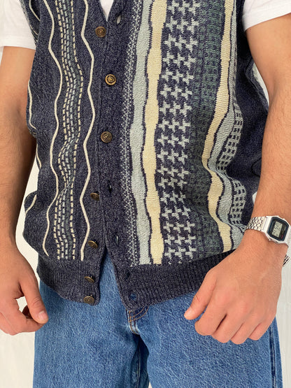 Vintage 90s تريكو Navy Patterned Knit Sweater Vest Cardigan - M