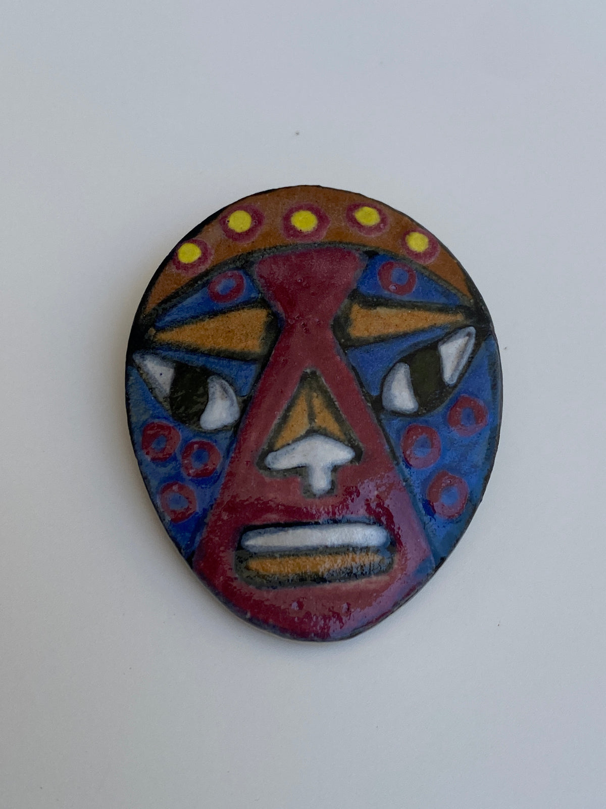 Vintage Hand-Painted Ceramic Tribal Face Brooch by MV Blake Vintage Hand-Painted Ceramic Tribal Face Brooch by MV Blake