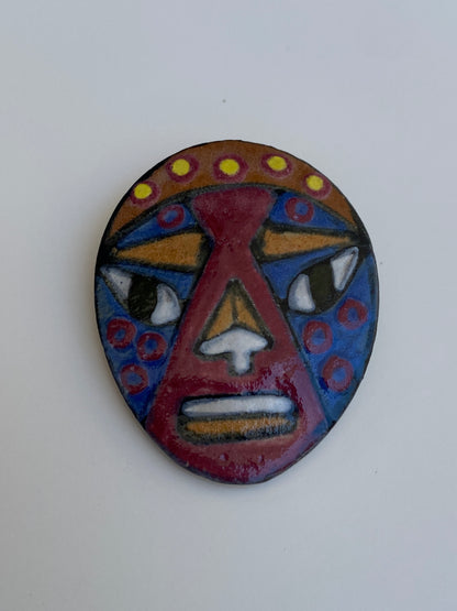 Vintage Hand-Painted Ceramic Tribal Face Brooch by MV Blake