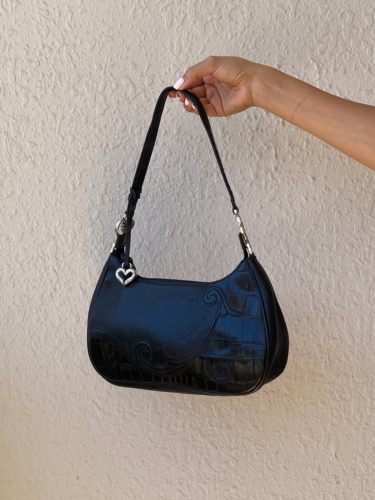 Vintage Y2K Brighton Black Genuine Leather Whimsigoth Shoulder Bag with Heart Charm Vintage Y2K Brighton Black Genuine Leather Whimsigoth Shoulder Bag with Heart Charm