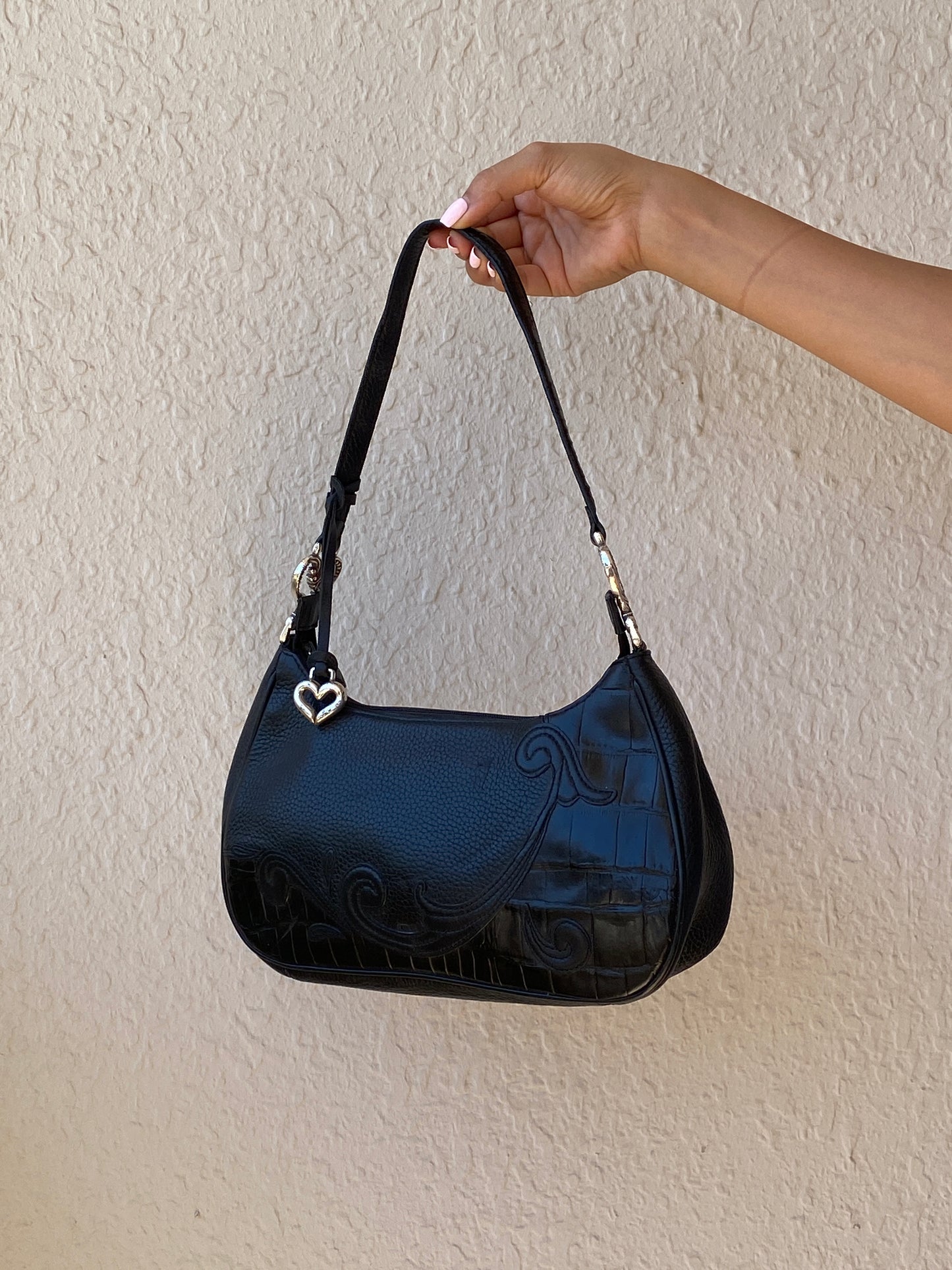 Vintage Y2K Brighton Black Genuine Leather Whimsigoth Shoulder Bag with Heart Charm