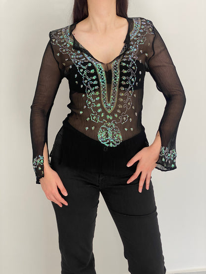 Vintage Venus Black Silk Sheer Sequin Embroidered Blouse – S