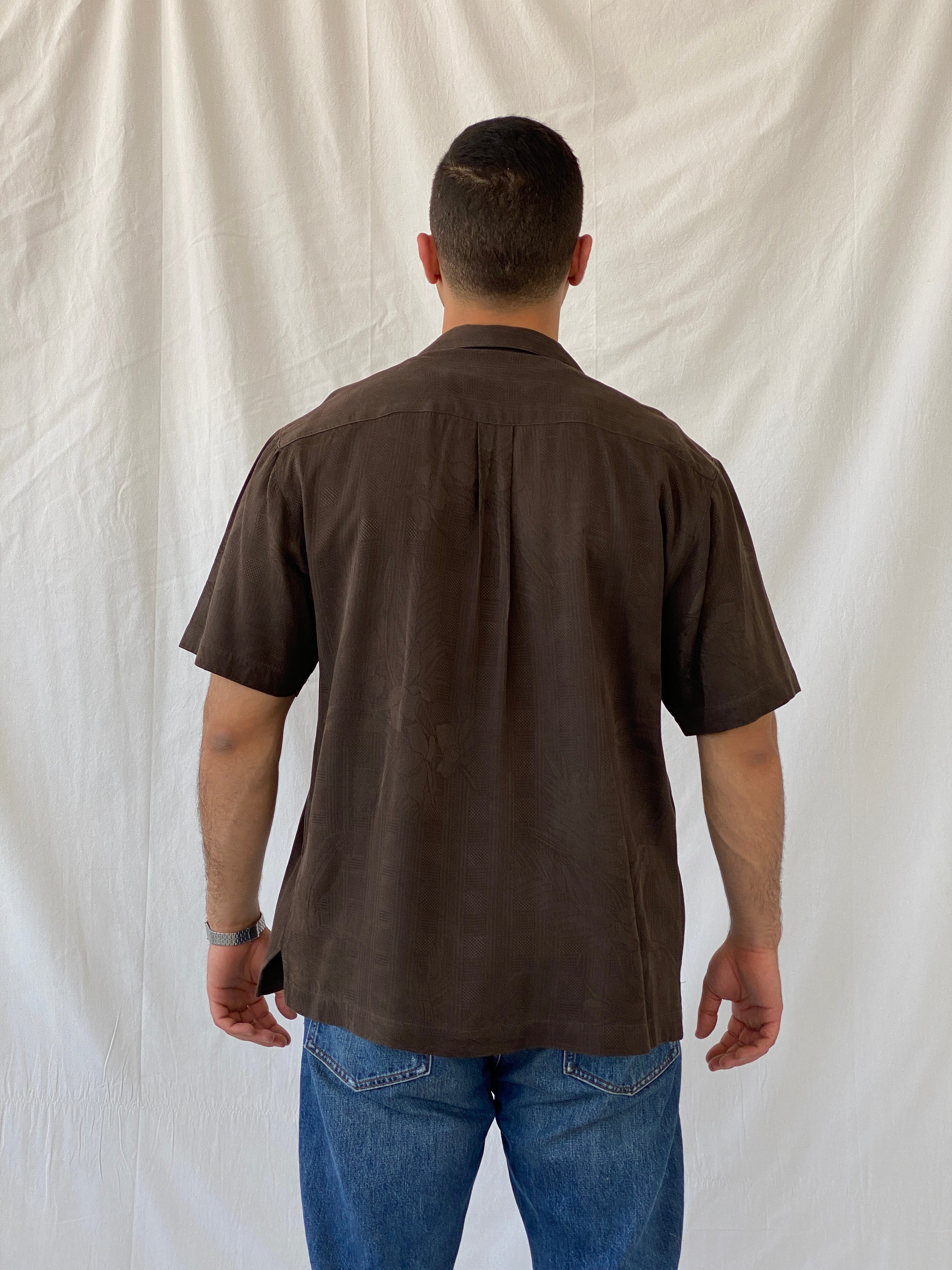 Vintage Gold Tri-Mountain Brown Half Sleeve Button Up Pure Silk Men’s Shirt - M