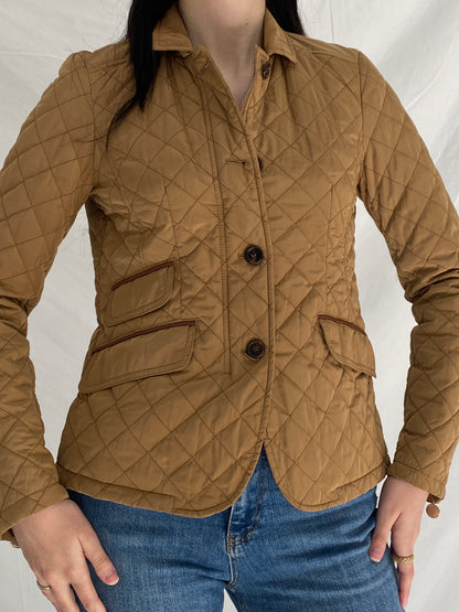 Massimo Dutti Camel Quilted Riding Jacket Fitted Equestrian Diamond Stitch Jacket - S