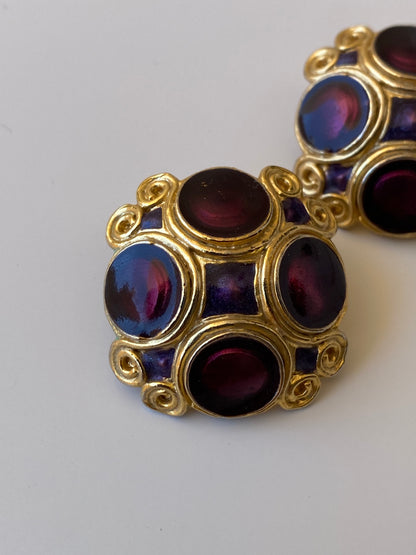 Vintage Jewel Tone Cabochon Stud Gold Tone Purple Statement Earrings
