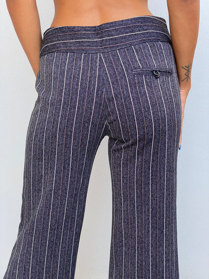 Vintage Y2K Grey Pinstripe Cropped Wide Leg Trousers Low Rise Office Siren Pants - S