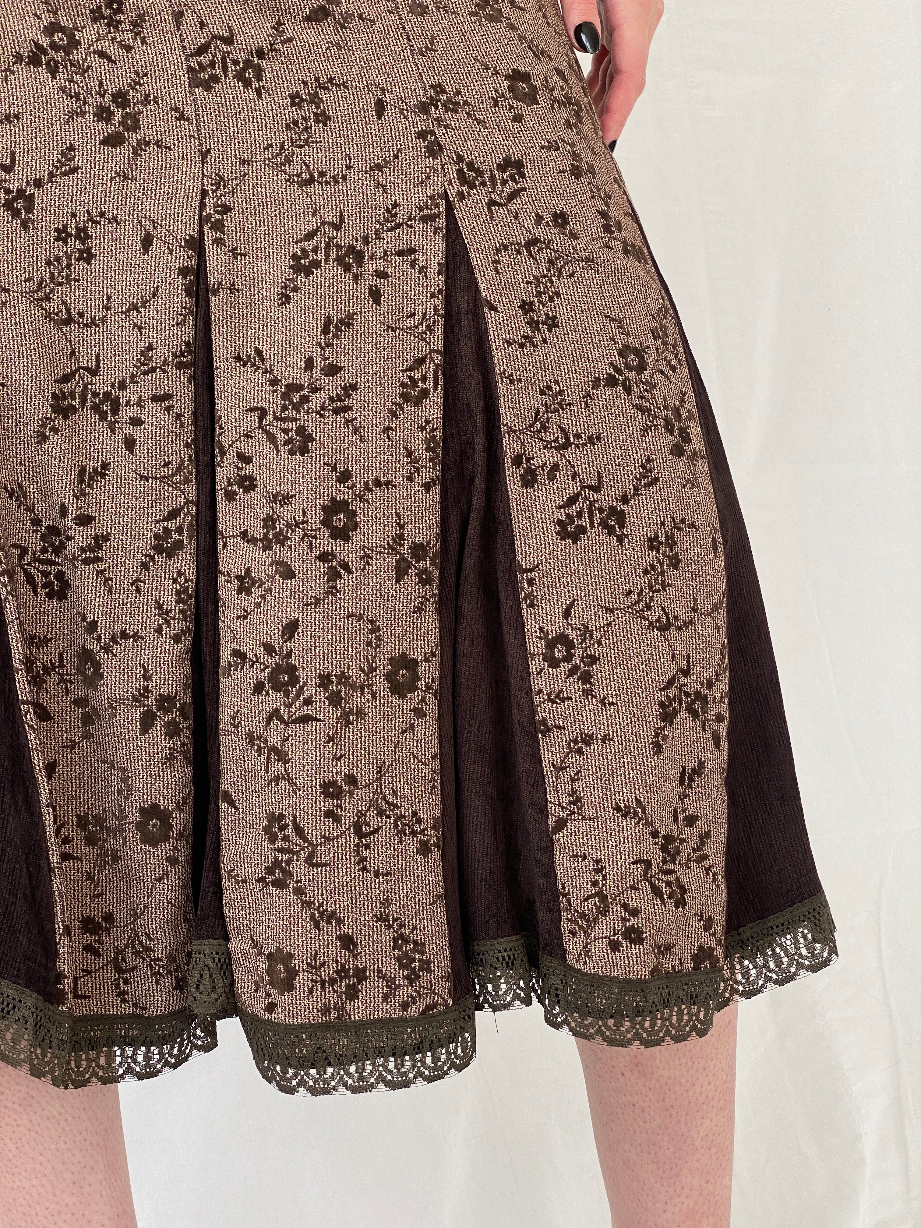 Vintage Floral Brown Lace Trim Pleated Corduroy Midi  Skirt - M
