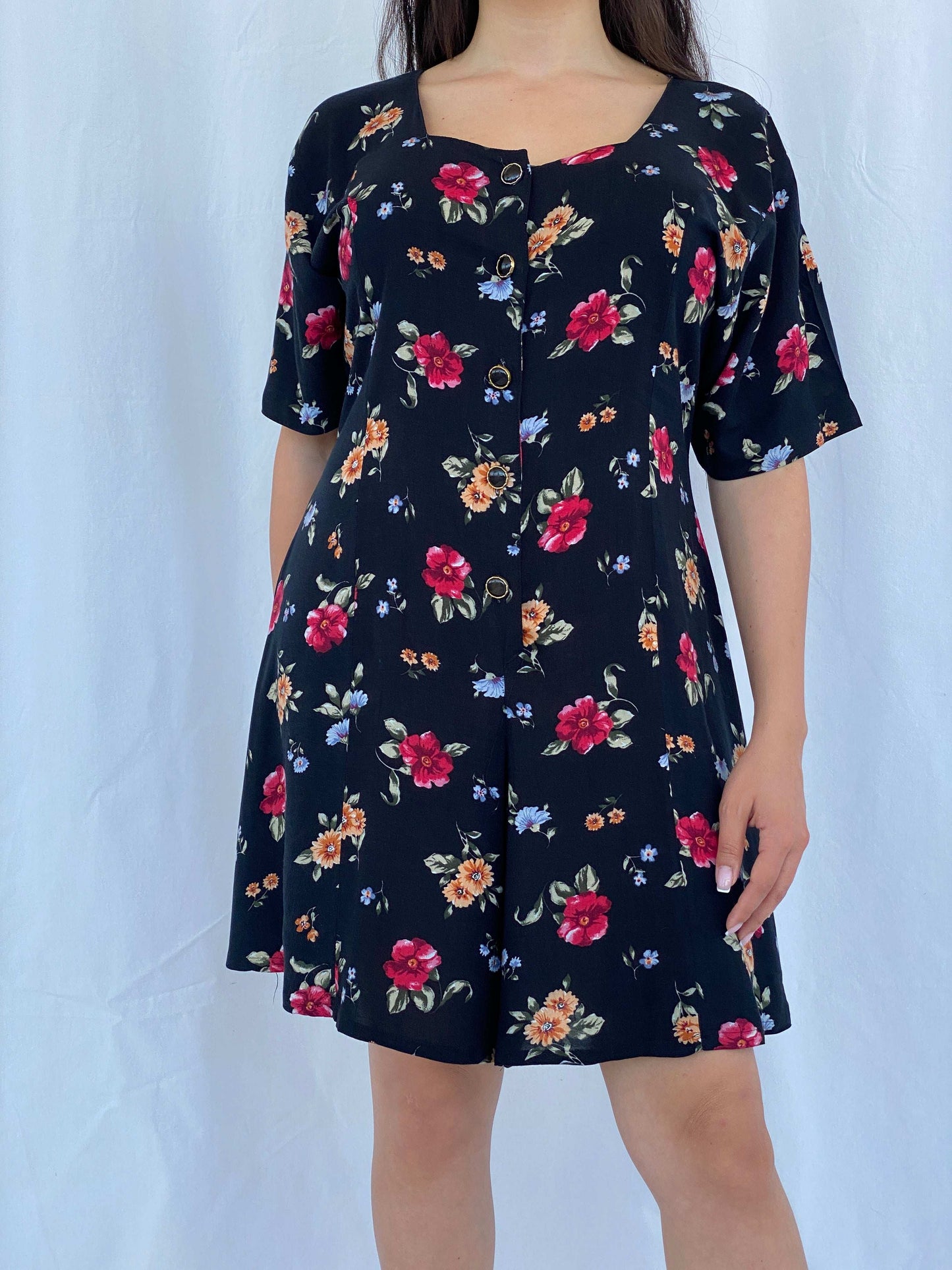 Vintage 90s Center Aisle Black Floral Short Playsuit Size L - Balagan Vintage Jumpsuit 90s, Aseel, floral, floral dress, floral print, NEW IN, summer