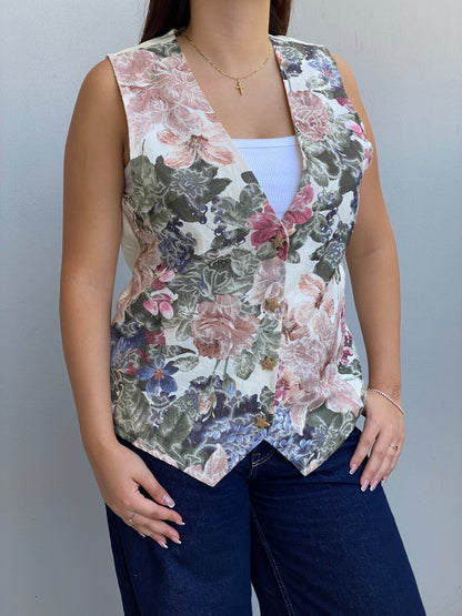 Vintage 90s O.S.O Sport Cream Floral Tapestry Star Button Vest – L