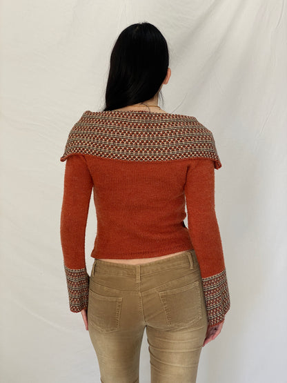 Y2K BANKO Orange Knit Sweater Top with Textured Collar & Flared Cuffs - M