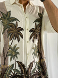 Vintage Hollis River Men’s Palm Tree Print Hawaiian Cream Short Sleeve Shirt - XL