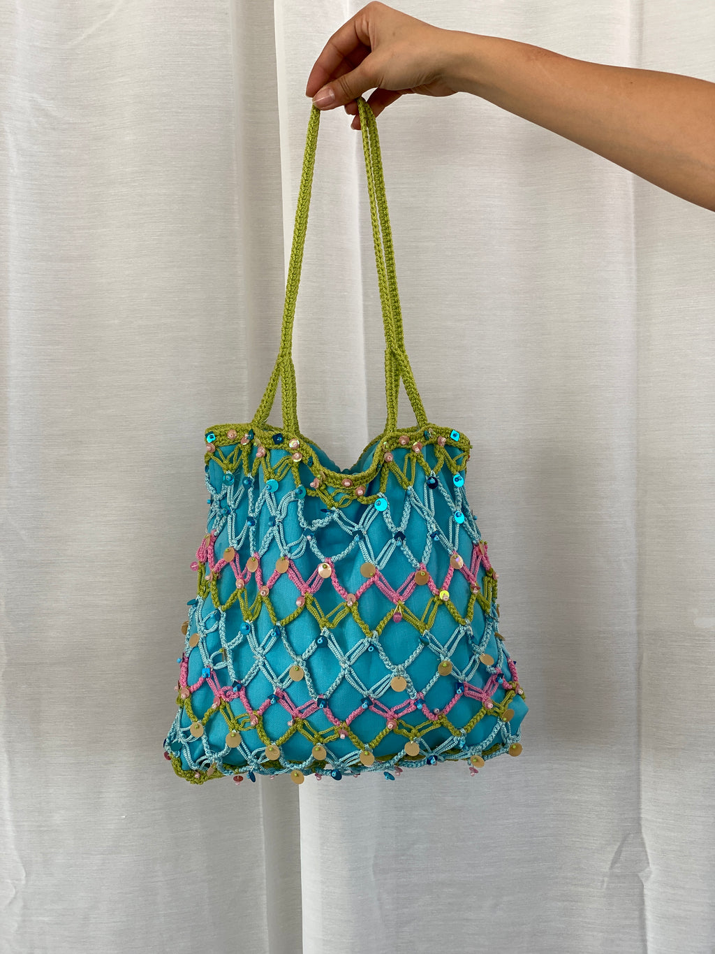 Sequin Blue Handmade Fishnet Crochet Bucket Summery Tote Bag