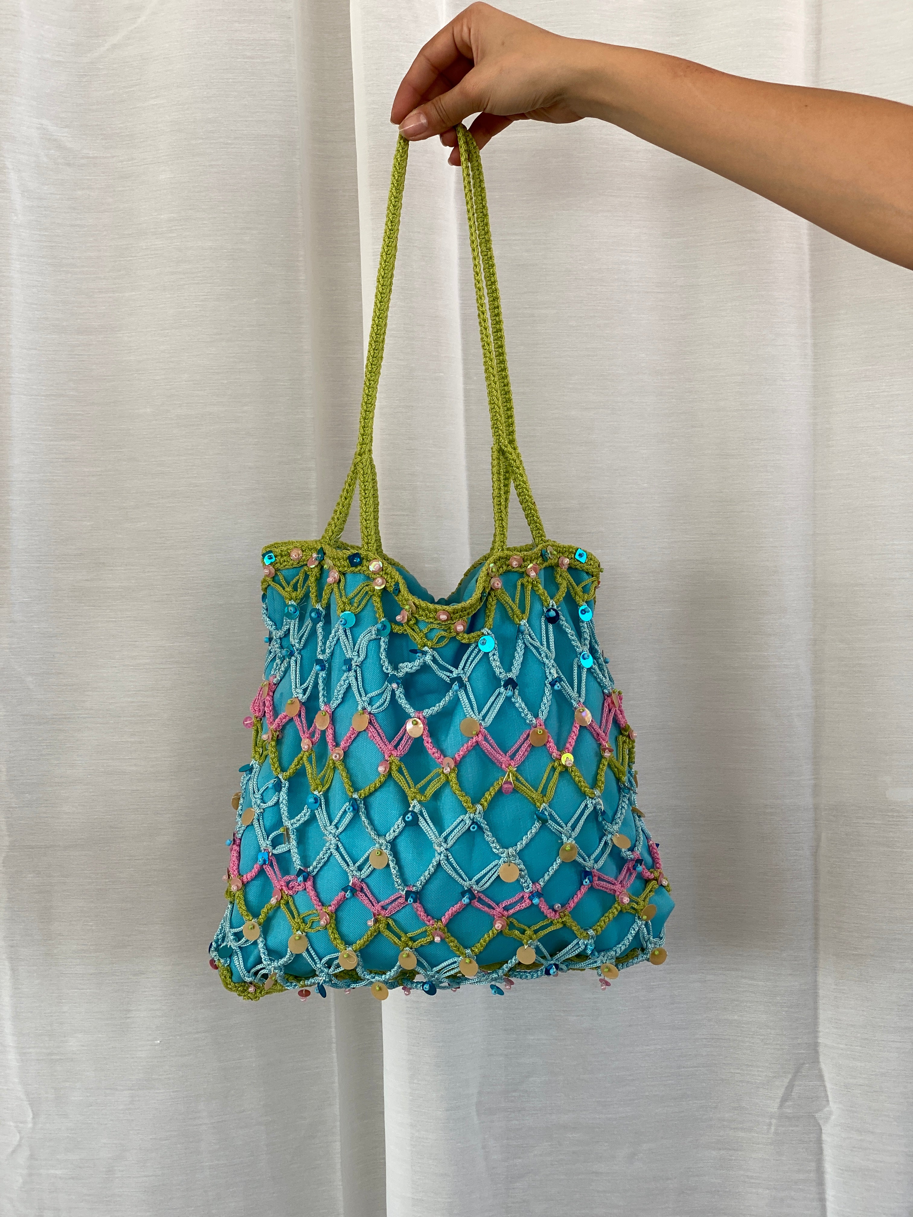 Sequin Blue Handmade Fishnet Crochet Bucket Summery Tote Bag