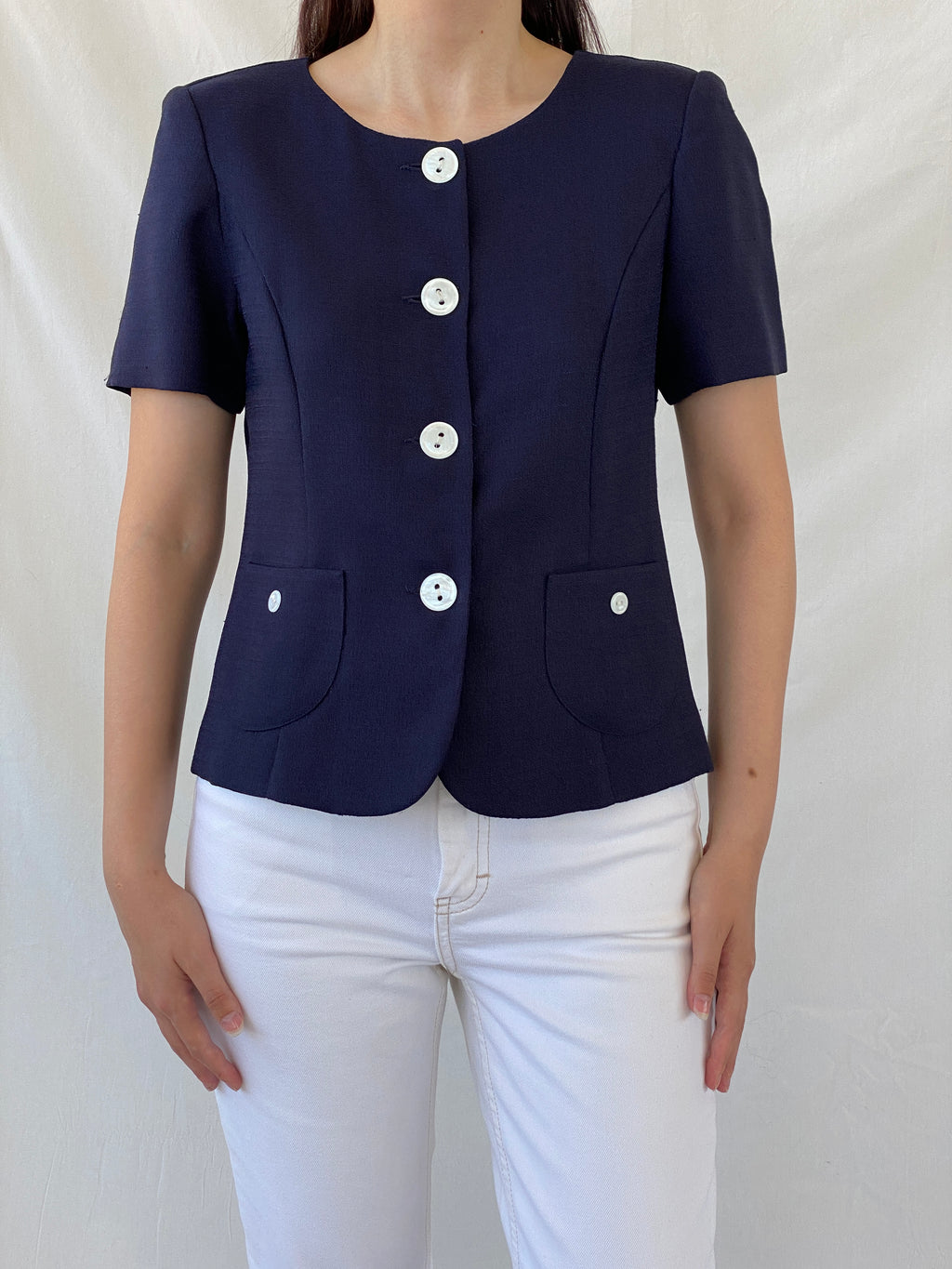 Vintage HBS Collection Navy White Buttons Women’s Short Sleeve Blazer - M