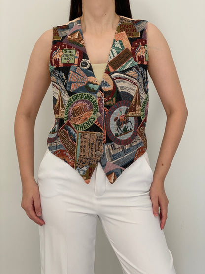 Vintage 90s CLIO Multicolor Cotton Rayon Travel Tapestry Vest – M