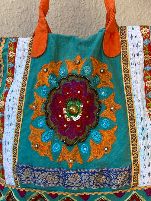 Antik Kraft Embroidered Cotton Tote Bag Boho Patchwork Festival Shoulder Bag