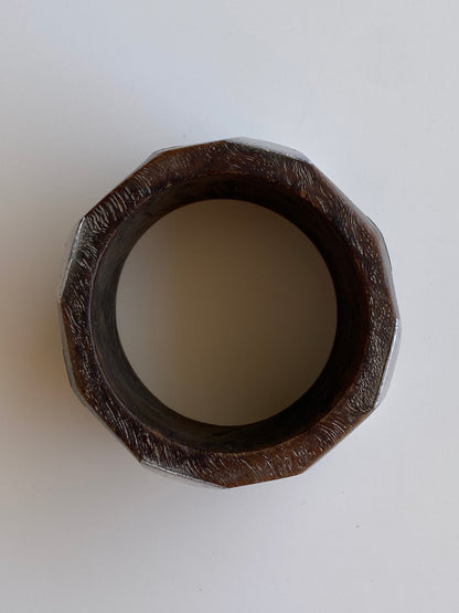Vintage 1980s–90s Brown Wood & Silver-Tone Geometric Statement Bangle